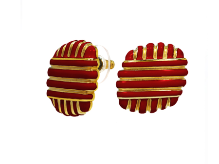 Goldtone Red Enamel Earring For Sale