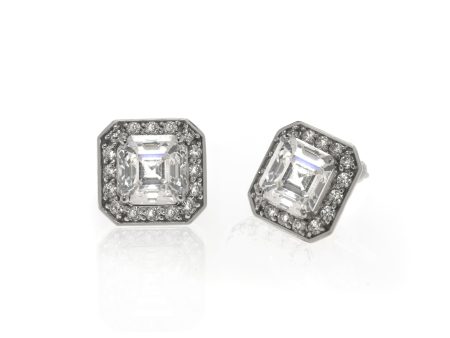 14K White Gold Asscher Cut & Pave Stud Earrings on Sale