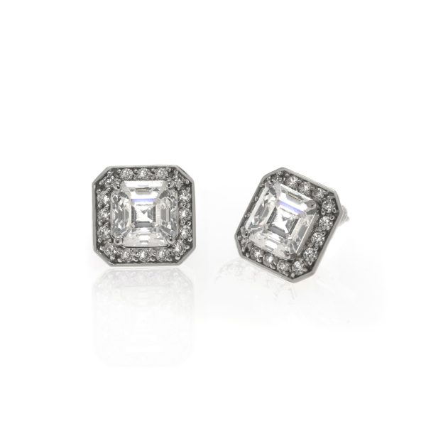 14K White Gold Asscher Cut & Pave Stud Earrings on Sale